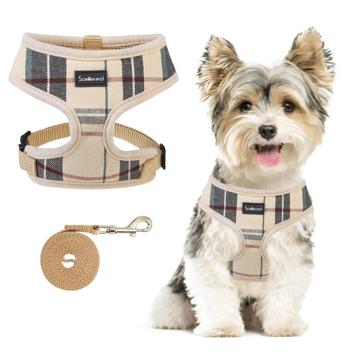 SCENEREAL puppy harness beige soft-mesh for comfortable daily walks.