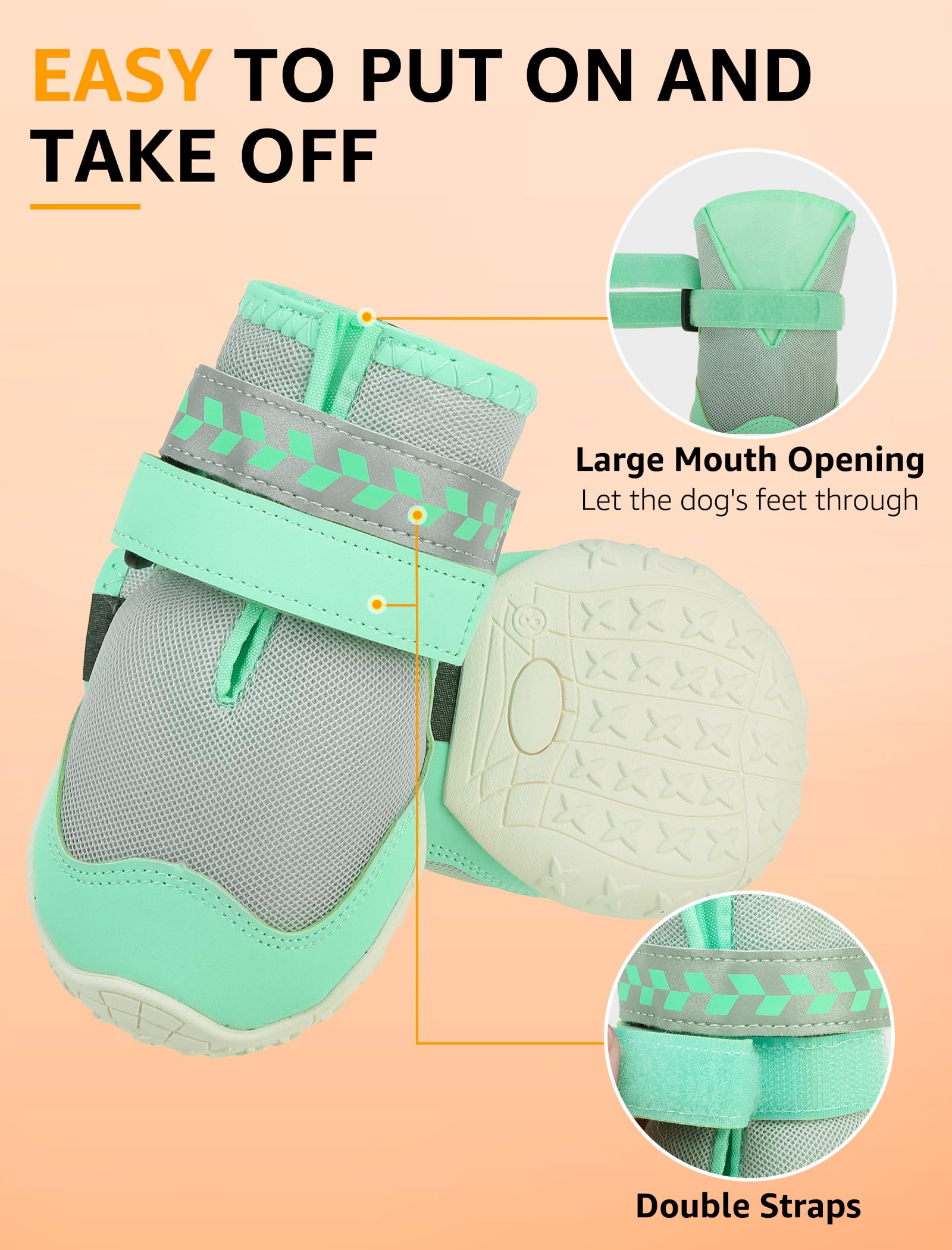 SCENEREAL dog shoes feature reflective bands to boost visibility on night walks.