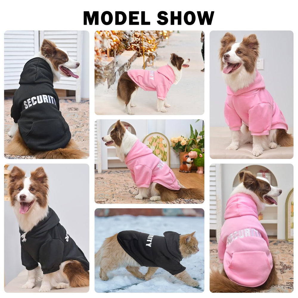 SCENEREAL Security Dog Hoodie worn on a dog demonstrates durable fabric and seasonal warmth.
