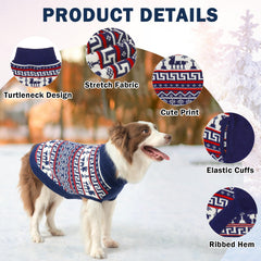 SCENEREAL Turtleneck Dog Sweater navy side view demonstrates flexible knit and leash compatibility.