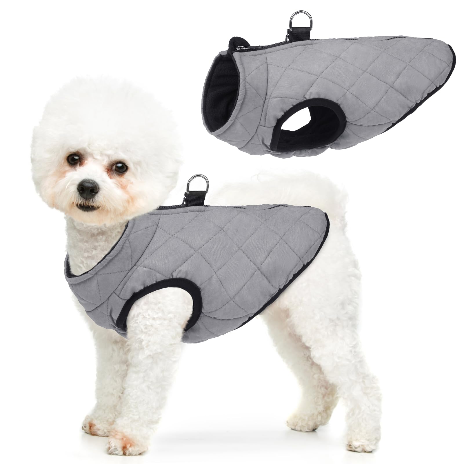 SCENEREAL winter dog vest back view showing built-in harness compatibility for easy leash attachment.