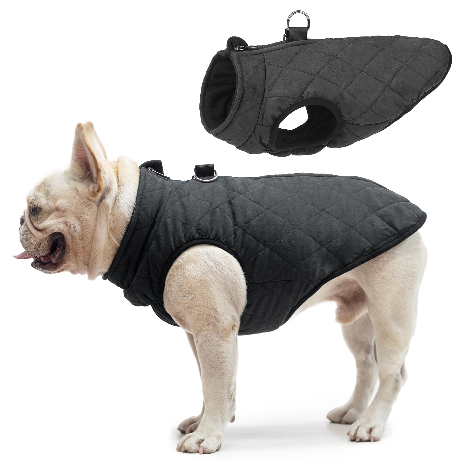 SCENEREAL winter dog vest coat back view shows built-in harness compatibility for quick leash use.
