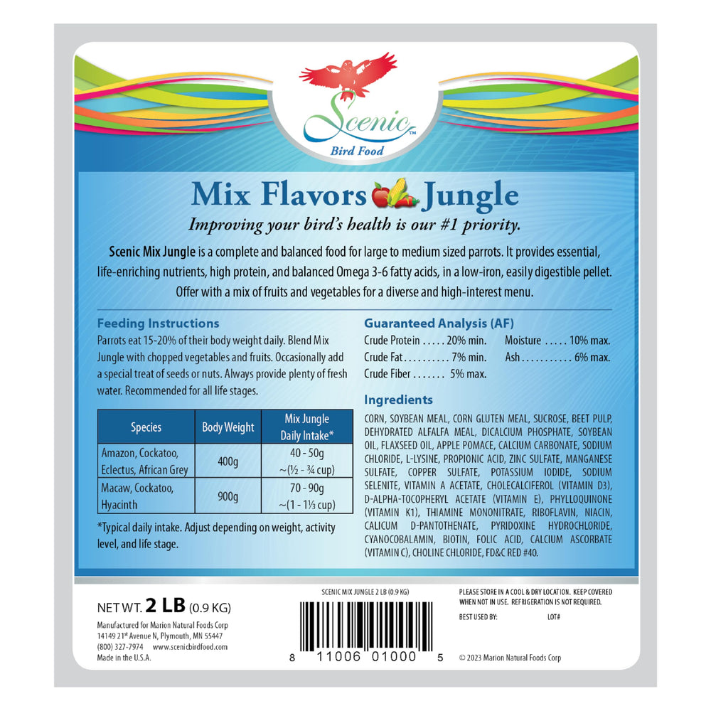 Scenic Mix Jungle 2lb packaging front view signals convenient, mess-reducing feeding.