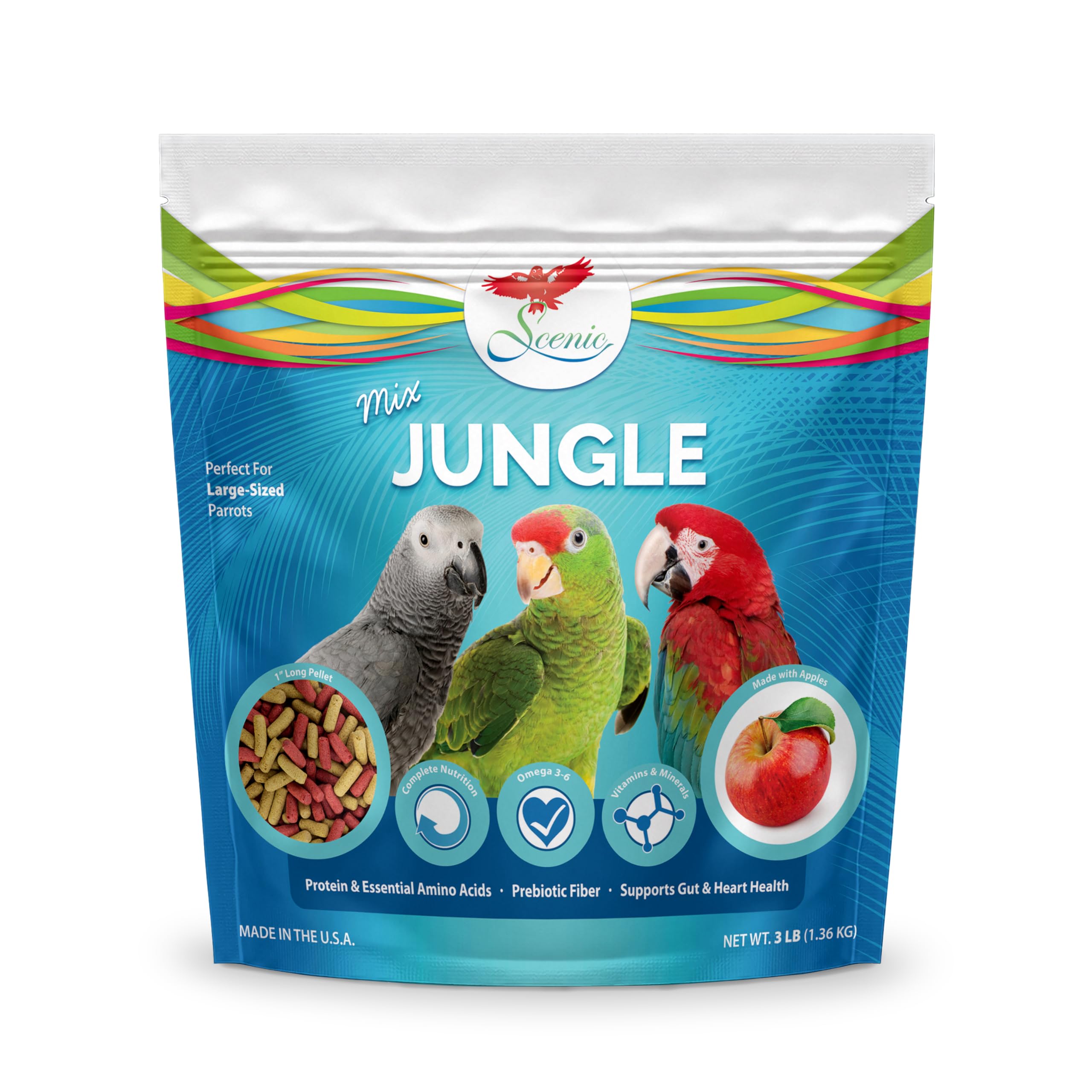 Scenic Mix Jungle: pellets pour grands oiseaux, protéine élevée et faible fer.
