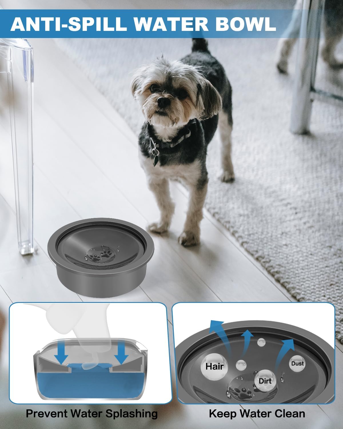 SCHITEC no-spill dog water bowl top view highlights clean water access