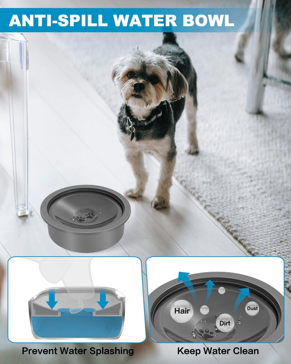 SCHITEC no-spill dog water bowl top view highlights clean water access