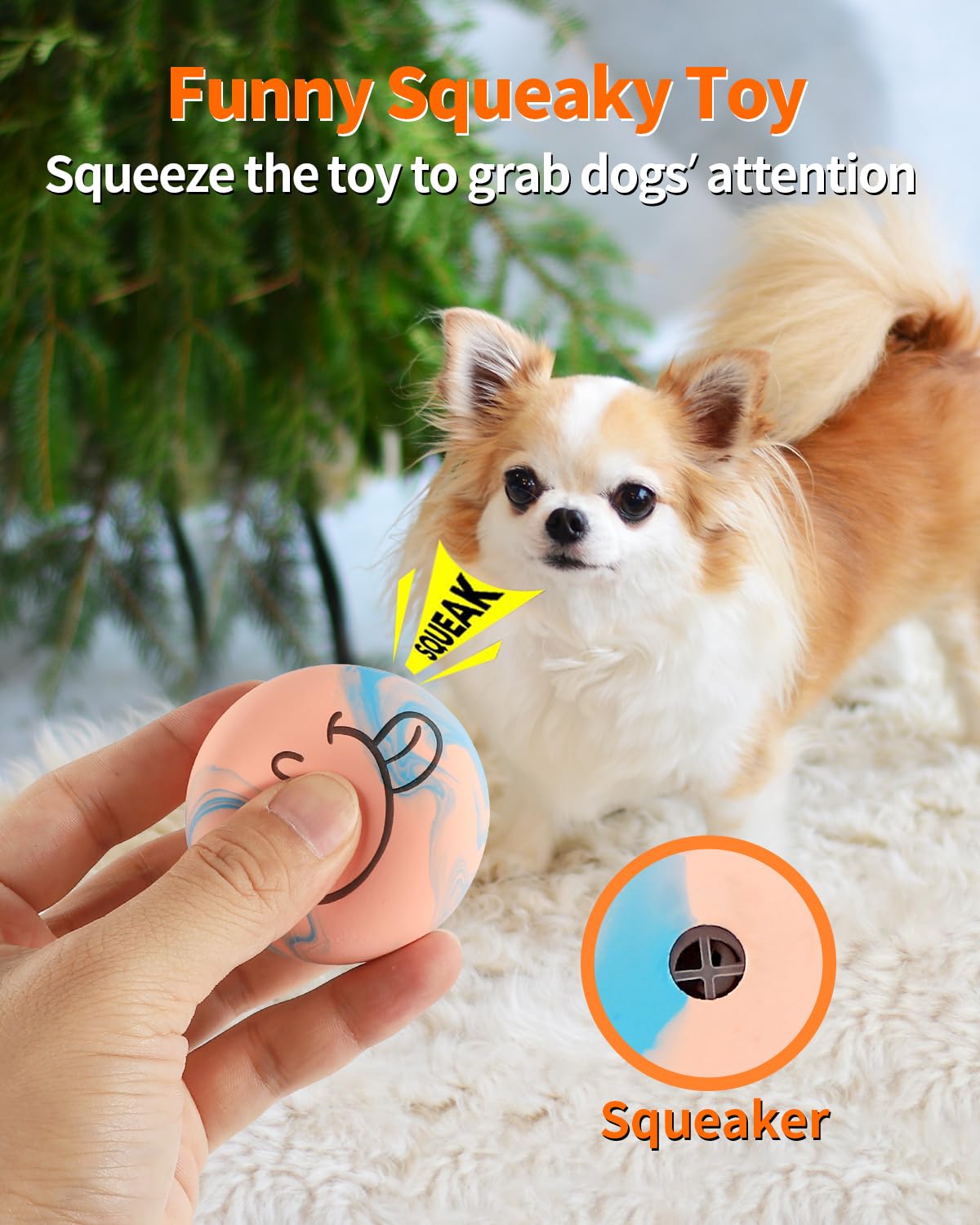 SCHITEC Squeaky Dog Toys in-action fetch shot highlights bouncing and chasing indoors.