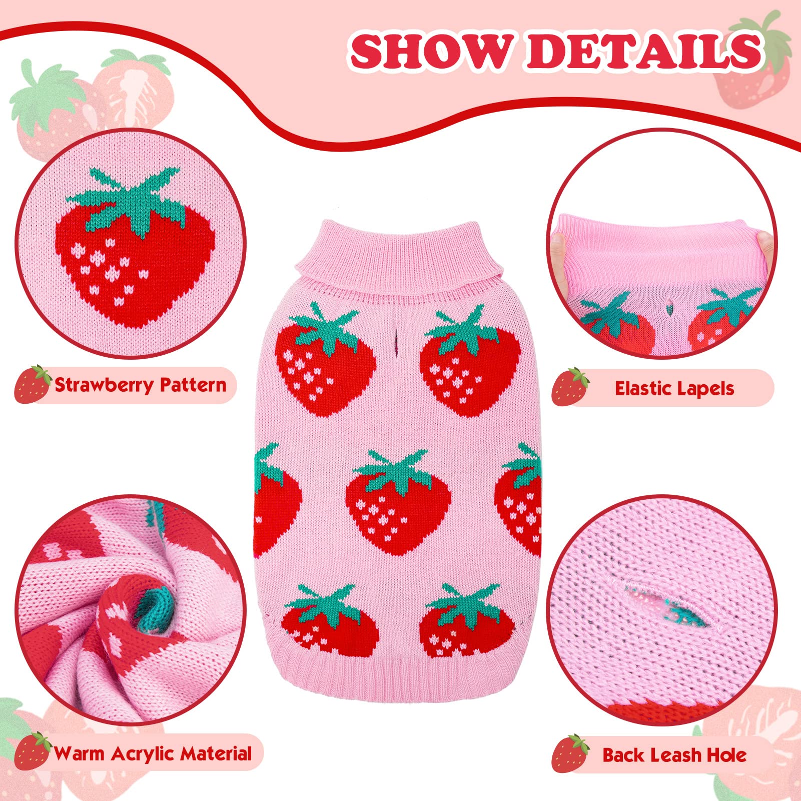 SCIROKKO dog sweater pink strawberry back view shows stylish knit and snug fit.