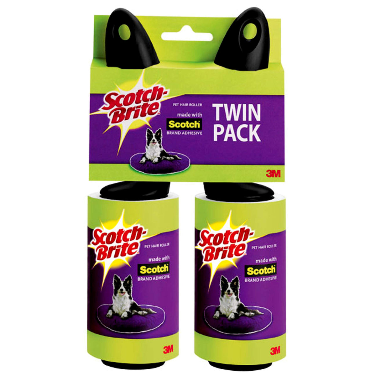 Scotch-Brite pet hair lint roller two-pack close-up showing sticky sheets for quick cleanups.
