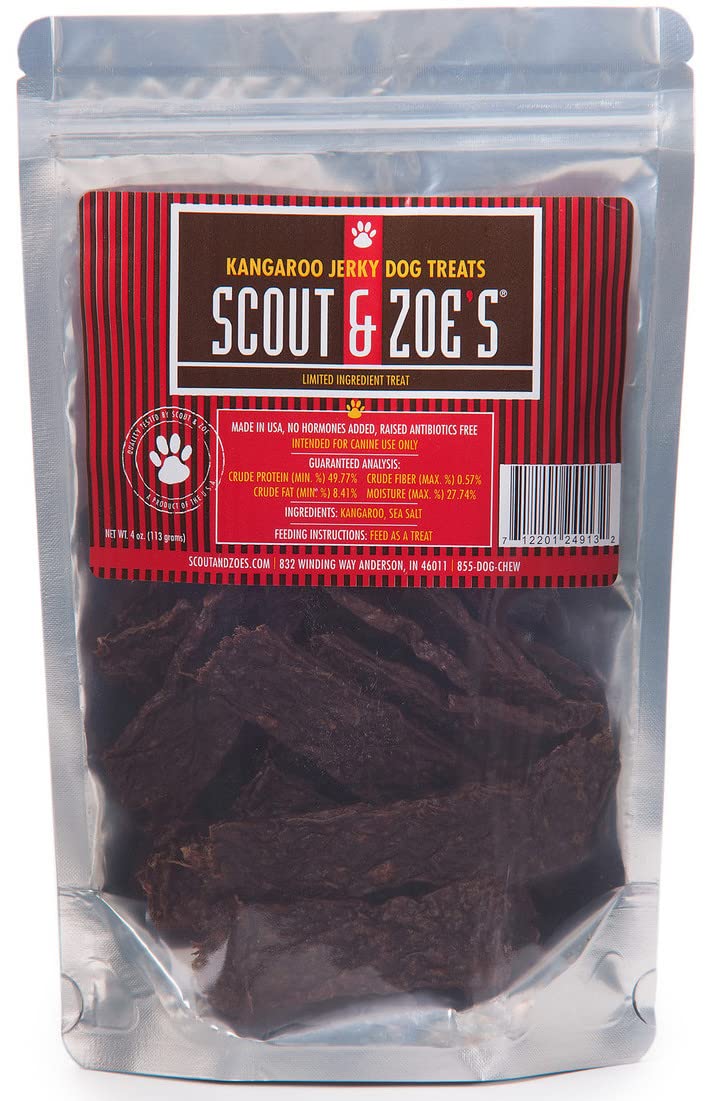 Scout and Zoe's kangaroo treats bag highlights a protein-rich dog snack