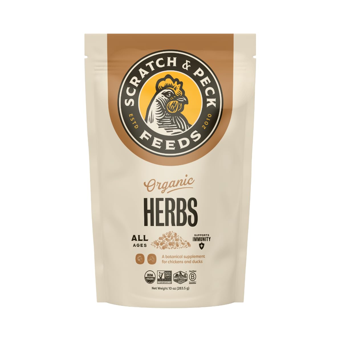 Scratch-and-Peck dried herbs bag front label showcases organic, non-GMO certification.