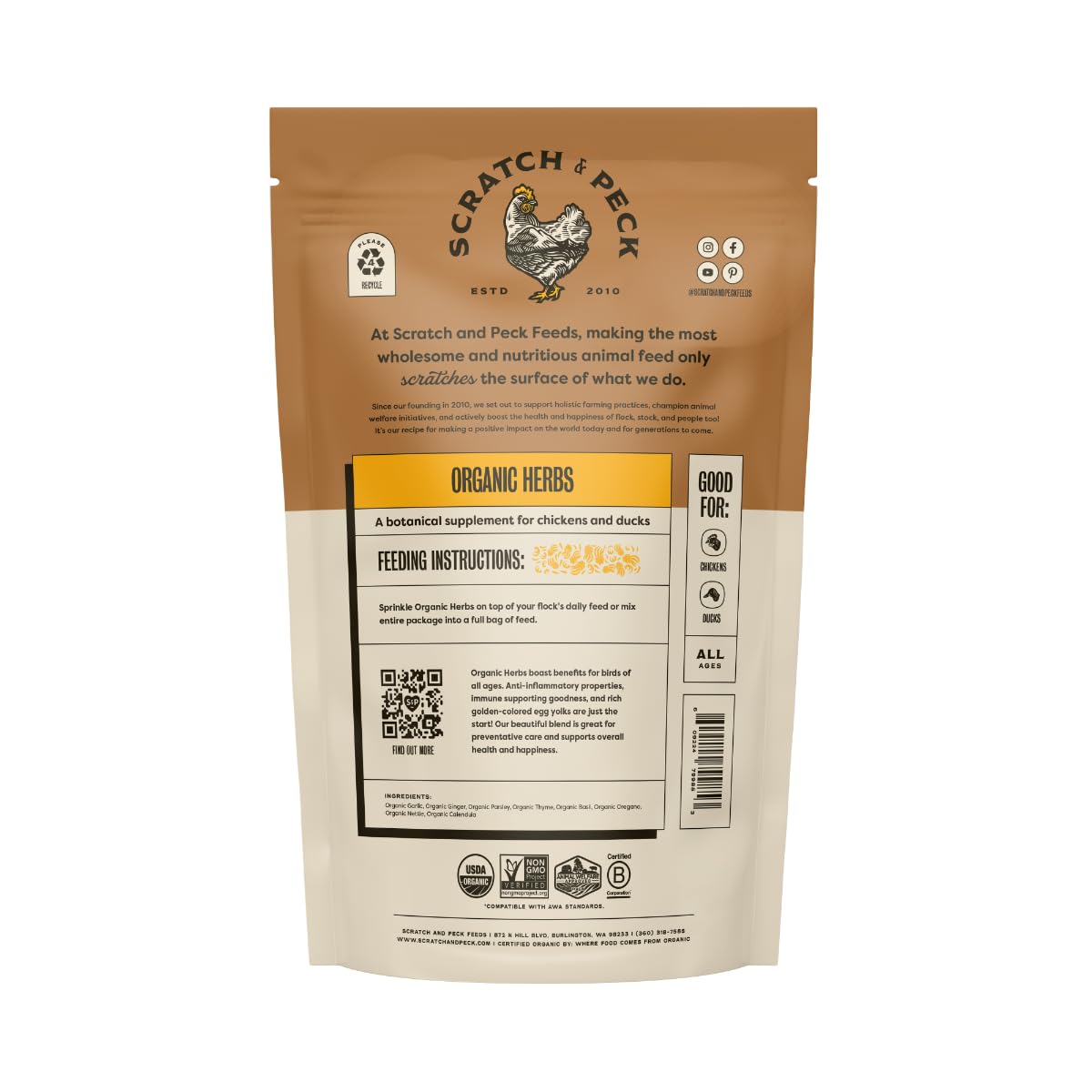 Scratch-and-Peck dried herbs bag open with spoon for easy sprinkling over feed.