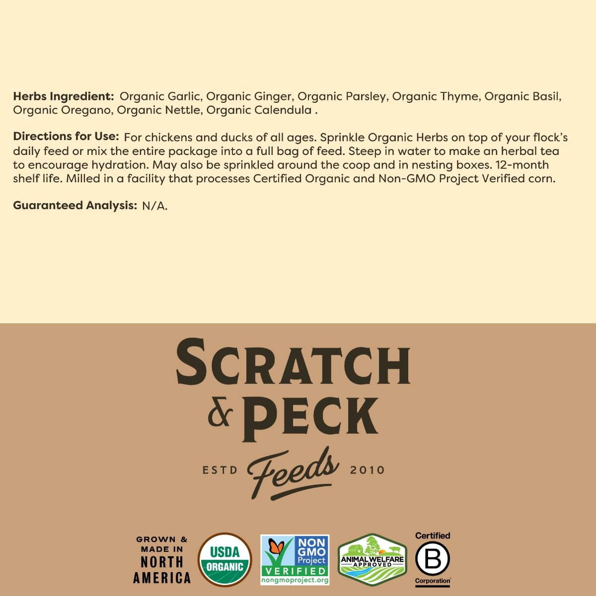 Scratch-and-Peck dried herbs eco-packaging recyclable bag supports sustainable farming.