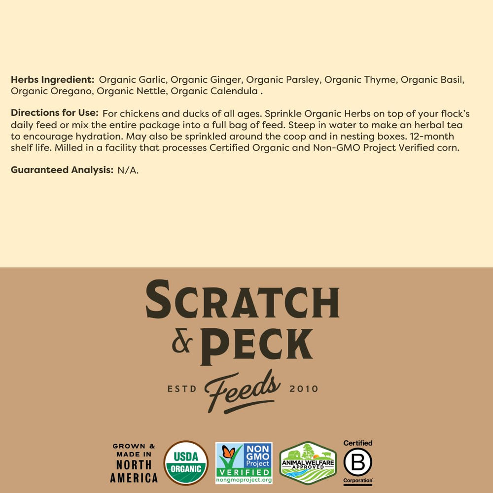 Scratch-and-Peck dried herbs eco-packaging recyclable bag supports sustainable farming.