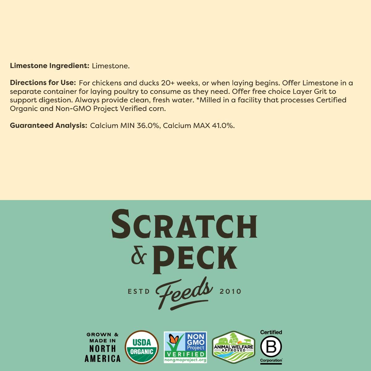 Scratch and Peck limestone supplement packaging and sustainability label