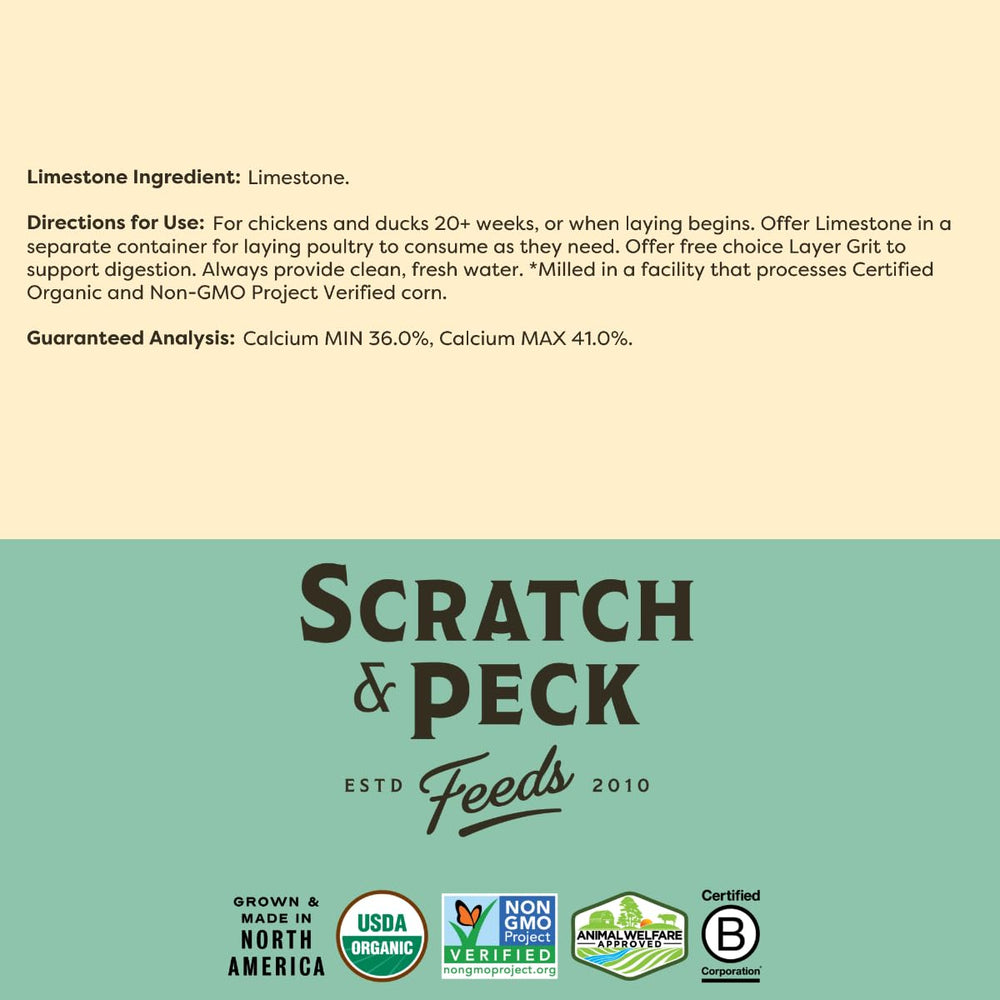 Scratch and Peck limestone supplement packaging and sustainability label