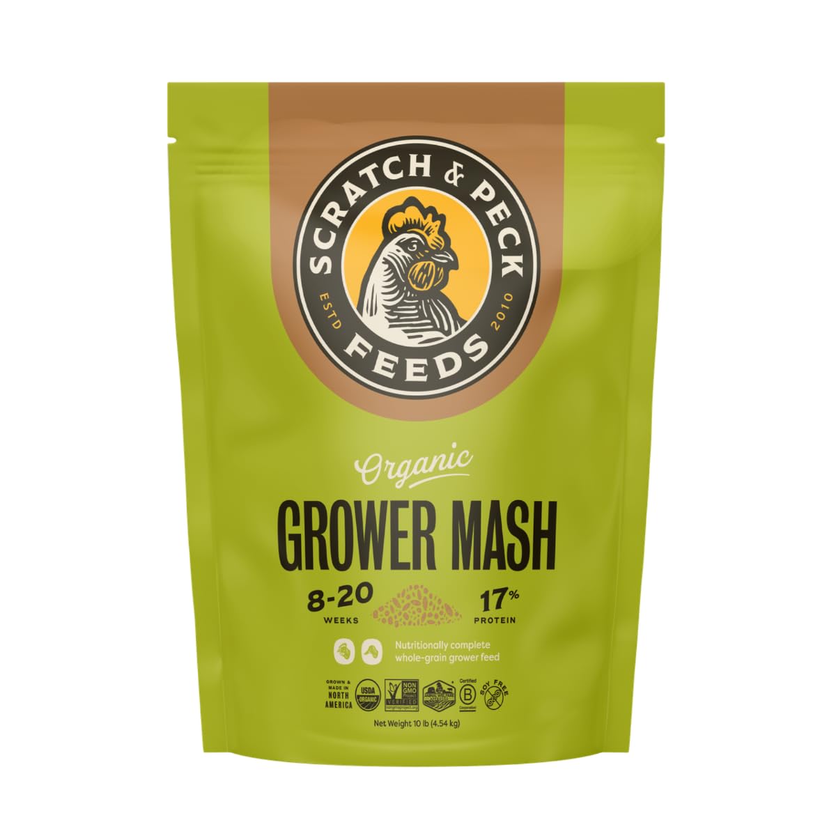 Scratch and Peck Grower Mash bag shows corn-free starter feed for healthy poultry growth
