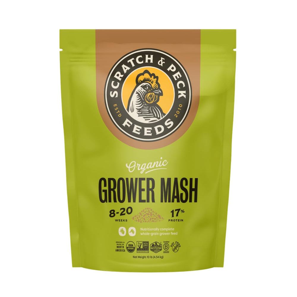 Scratch and Peck Grower Mash bag shows corn-free starter feed for healthy poultry growth