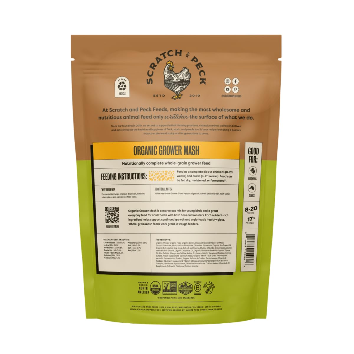 Scratch and Peck Grower Mash for chickens and ducks highlights 17% protein for steady development