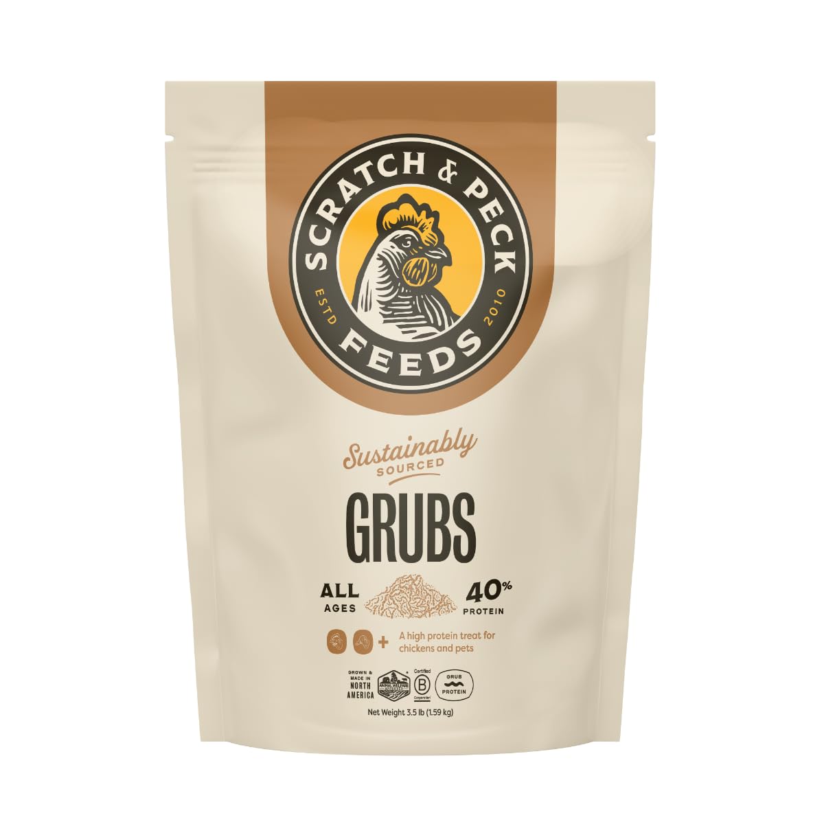 Scratch and Peck Grubs bag open showcasing a high-protein chicken treat.