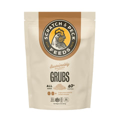 Scratch and Peck Grubs bag open showcasing a high-protein chicken treat.