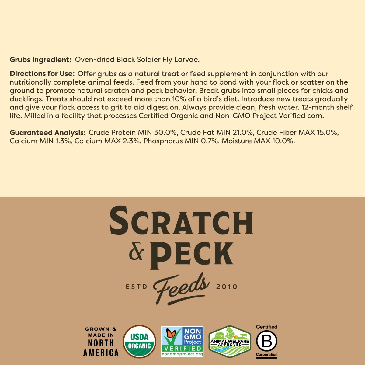 Scratch and Peck Grubs label shows North American sourcing and upcycling.