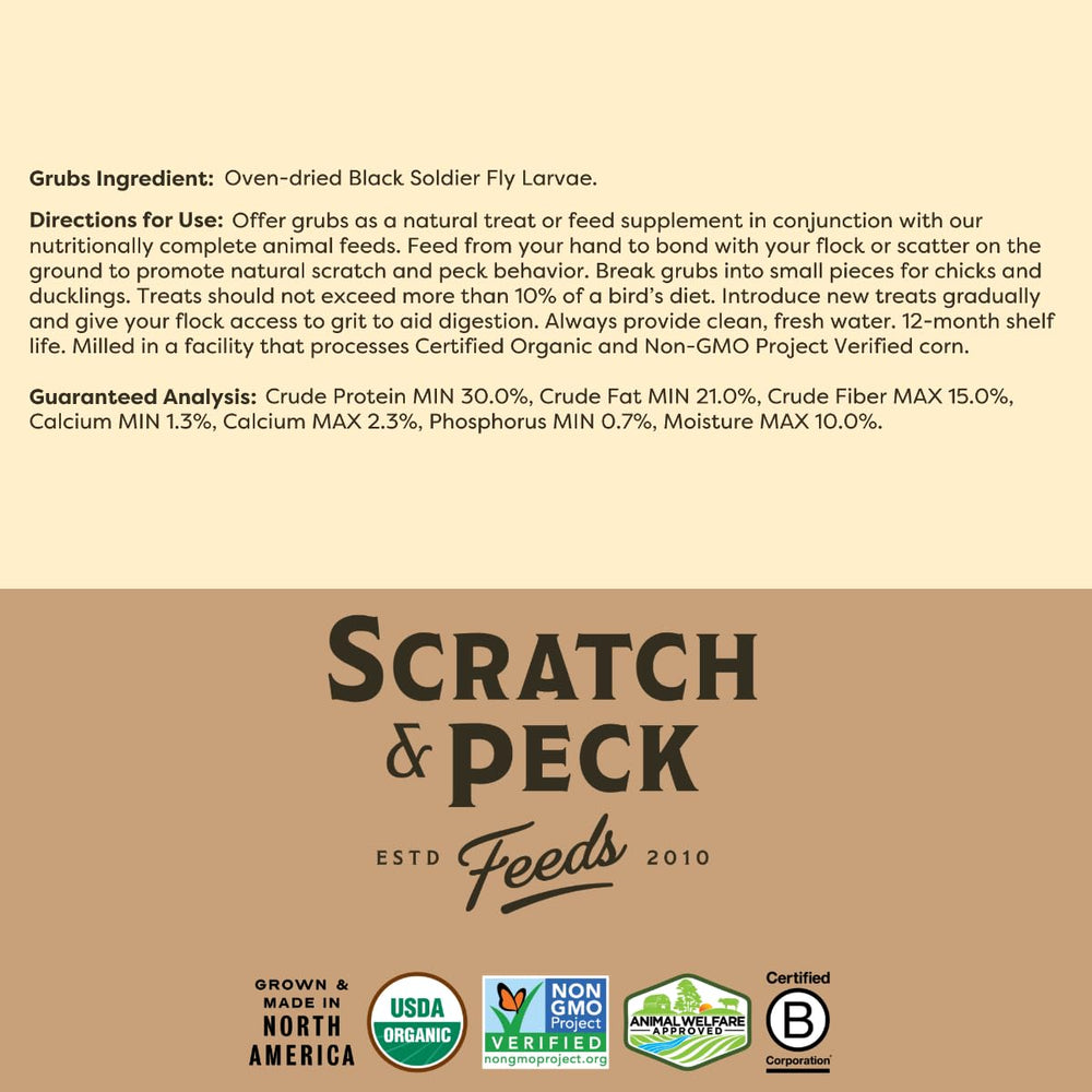 Scratch and Peck Grubs label shows North American sourcing and upcycling.