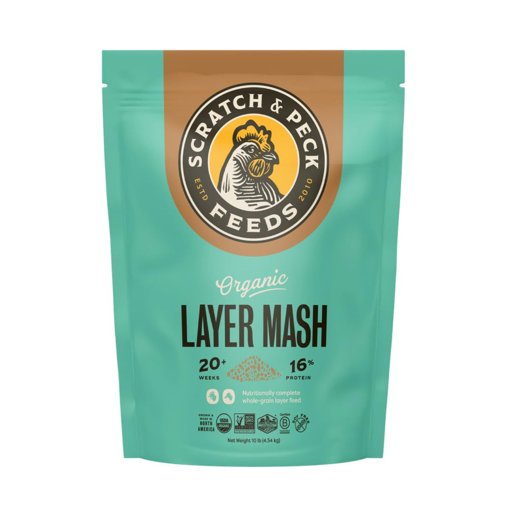 Scratch and Peck Layer Mash 10lb bag front for easy storage and feeding.