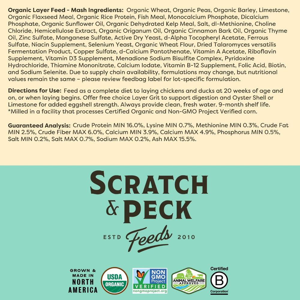 Scratch and Peck Layer Mash corn-free and soy-free formula for poultry diet.