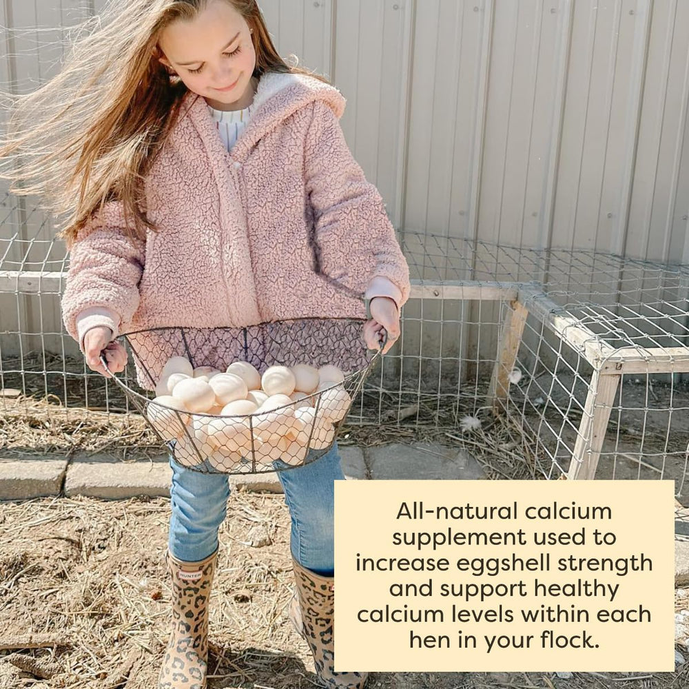 Scratch and Peck Oyster Shell Supplement barn scene implies dependable eggshell quality.