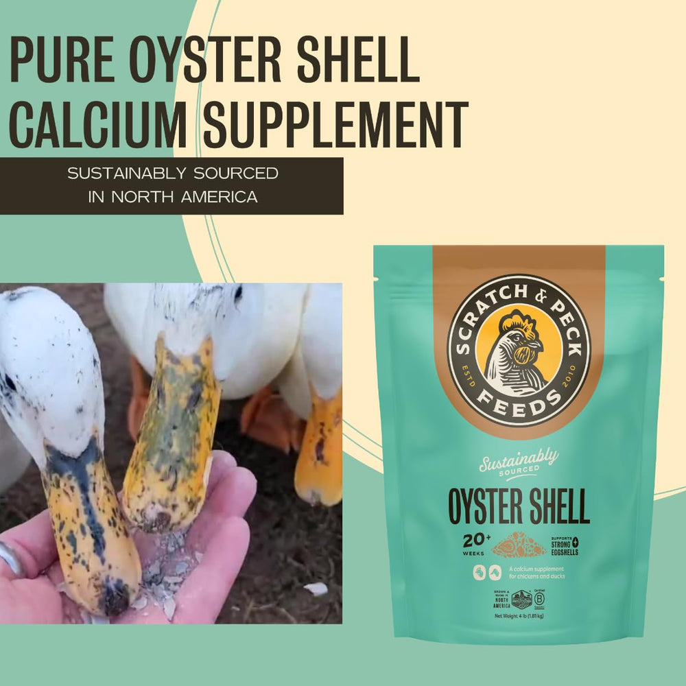 Scratch and Peck Oyster Shell Supplement packaging highlights eco friendly materials.