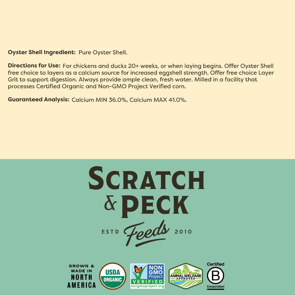 Scratch and Peck Oyster Shell Supplement sourced in the Northwest emphasizes local production.