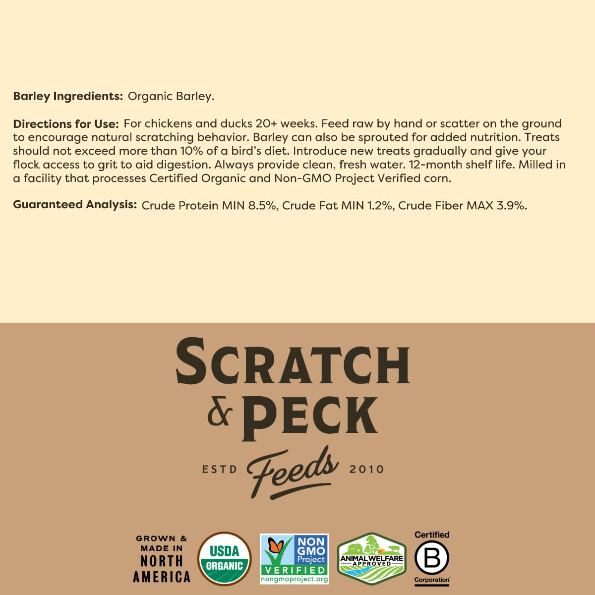 Scratch and Peck barley sourced from Pacific Northwest farms supporting local organic farming.