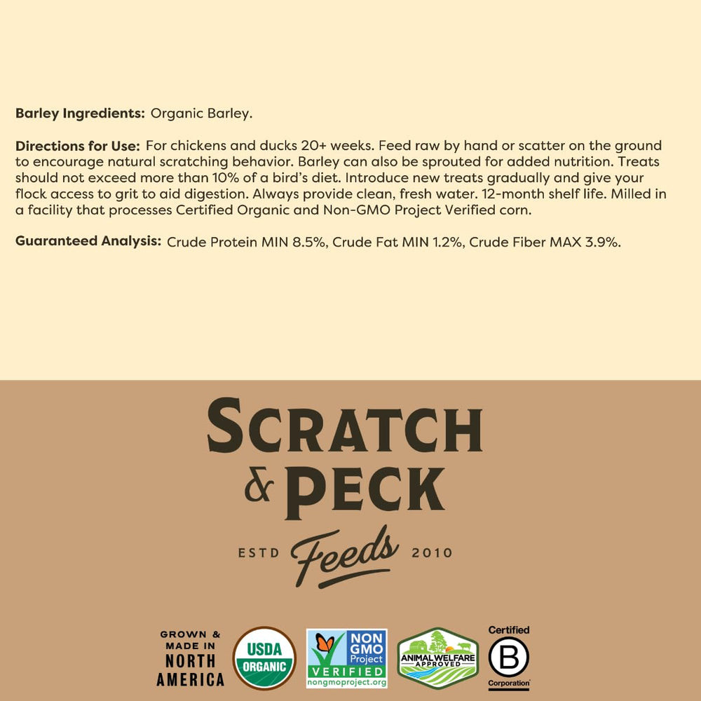 Scratch and Peck barley sourced from Pacific Northwest farms supporting local organic farming.