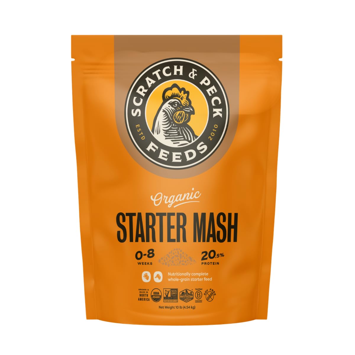 Scratch and Peck Starter Mash bag label highlights organic, corn- and soy-free nutrition.