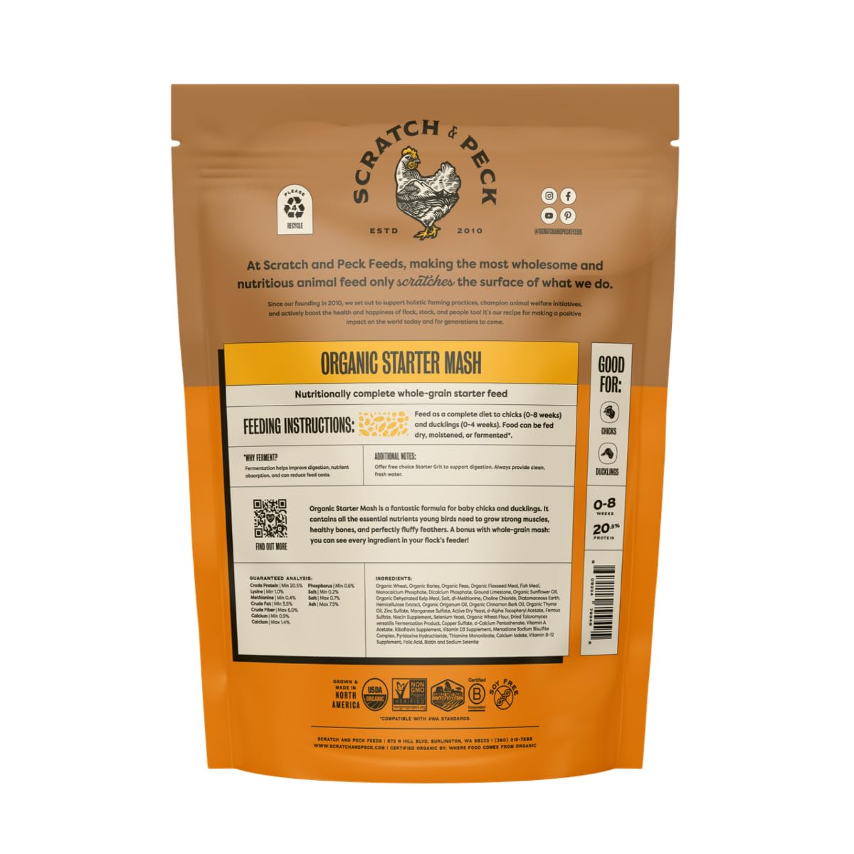 Scratch and Peck Starter Mash dry-chick-feeding setup promotes easy, mess-free nutrition.