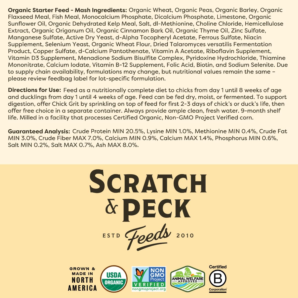 Scratch and Peck Starter Mash Pacific Northwest sourcing supports local North American farms.
