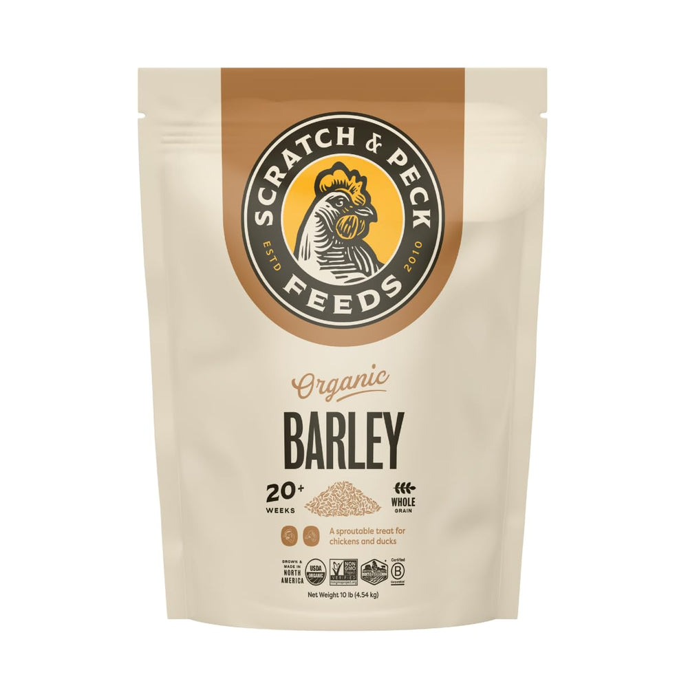 Scratch and Peck Whole Barley bag showing 8.5% protein for poultry nutrition.