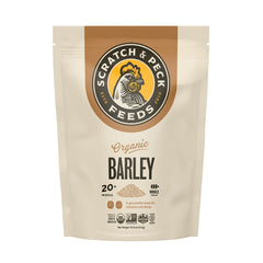 Scratch and Peck Whole Barley bag showing 8.5% protein for poultry nutrition.