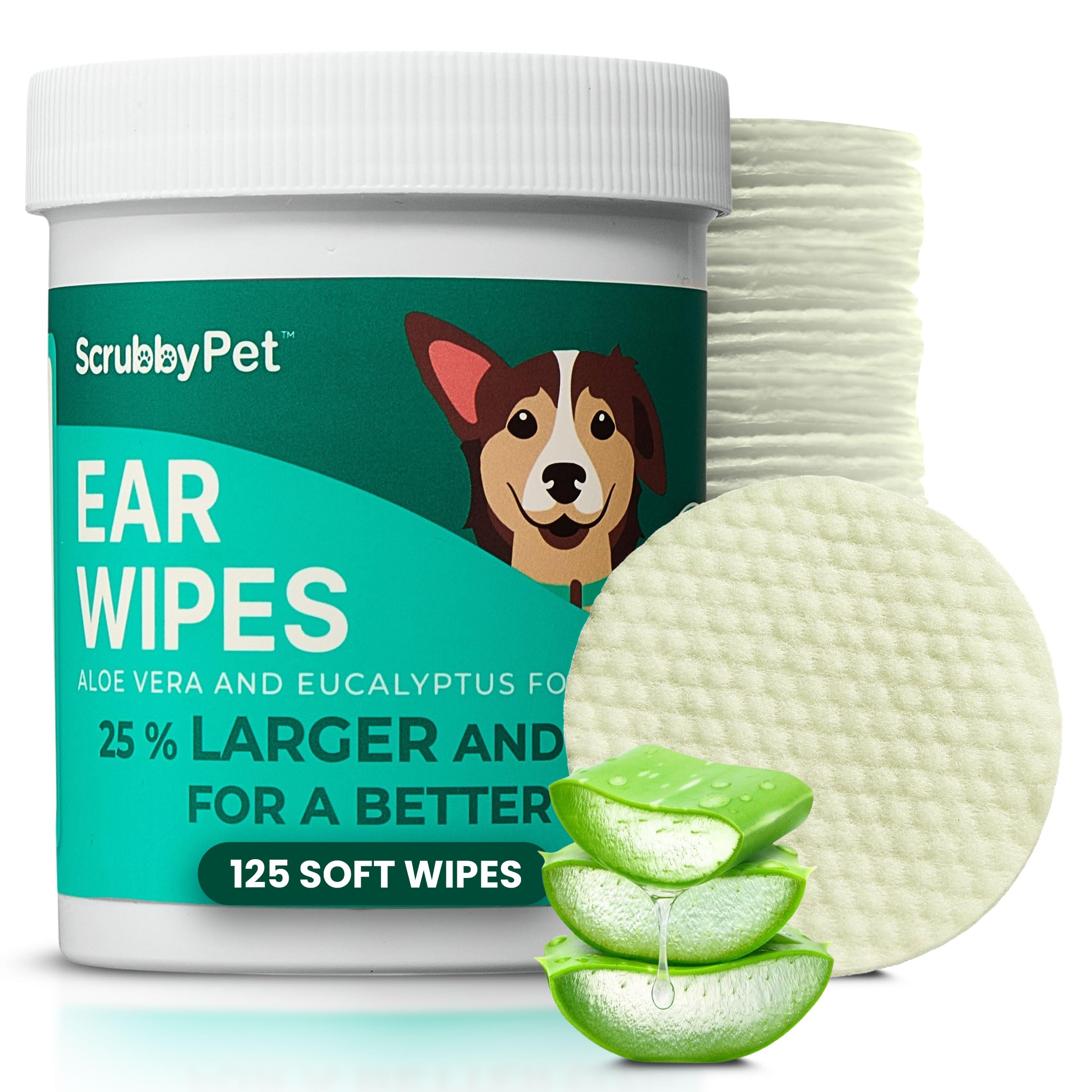 Scrubby Pet dog ear wipes 125-count container for easy, mess-free ear care.