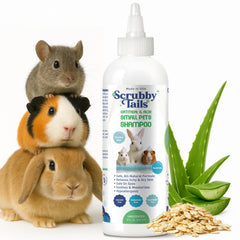 Scrubby Tails Oatmeal & Aloe Unscented bottle demonstrates gentle, hypoallergenic cleansing for small pets.