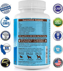 Softgels close-up highlighting EPA/DHA for skin and coat health.