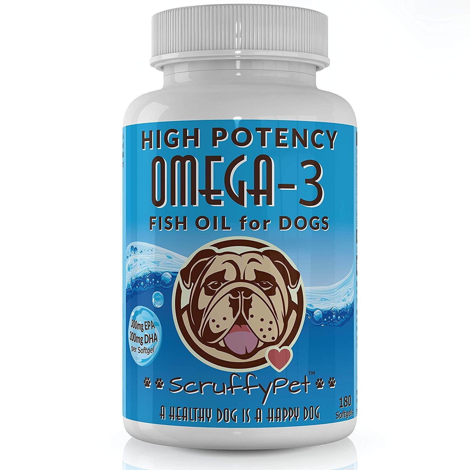 ScruffyPet Pure Omega 3 bottle shown, supports joints and vitality.
