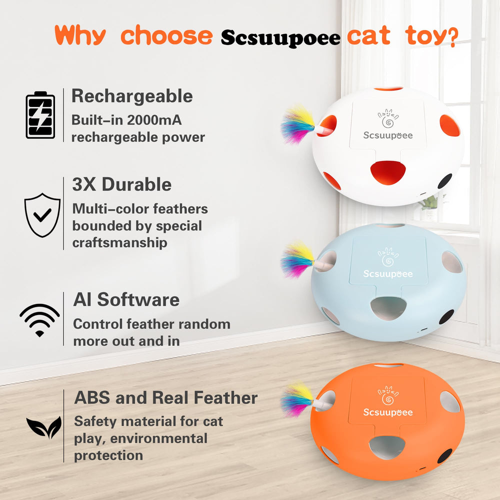 Scsuupoee Interactive Cat Toy non-slip base keeps it steady on floors during play.
