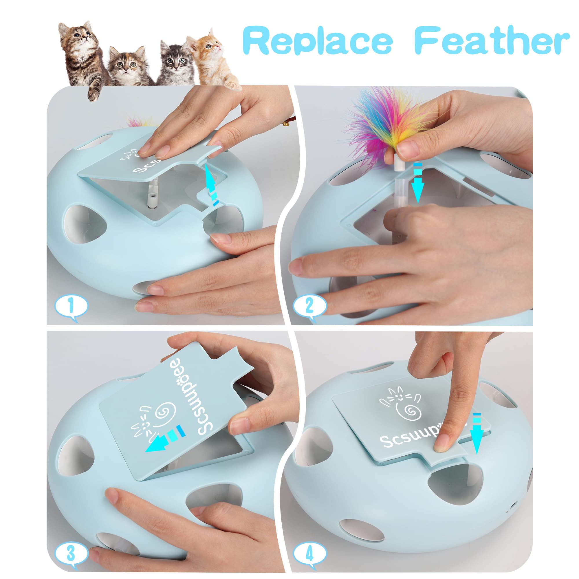 Scsuupoee Interactive Cat Toy top cover enables easy feather replacement.
