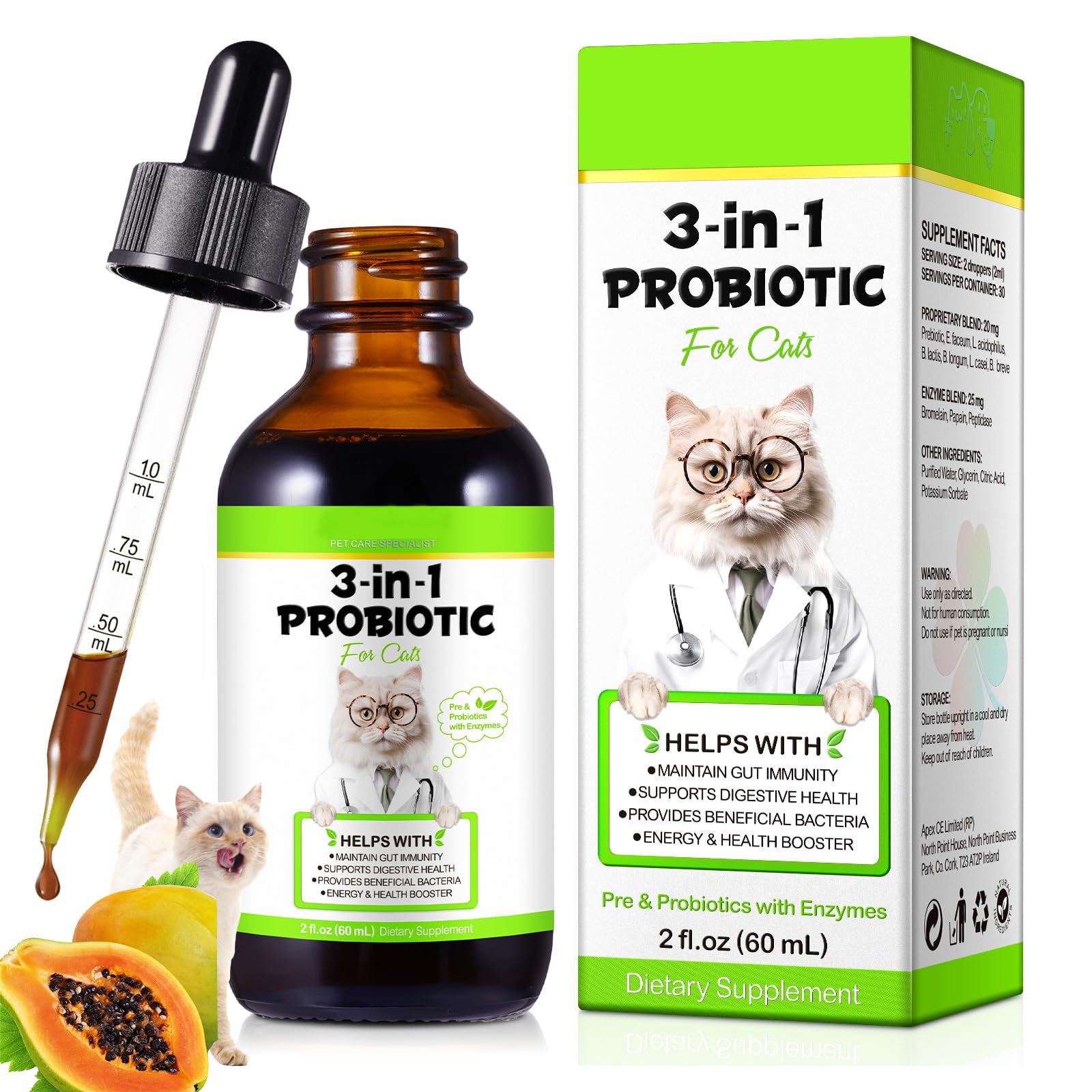 SDJUFEI probiotic cat bottle front showing 60ml liquid formula for gut support