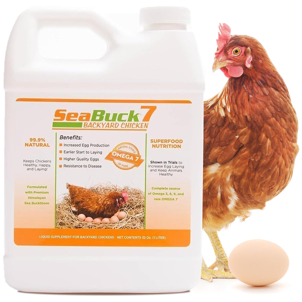 SEABUCK7 bottle on feed showing daily supplement for backyard flocks
