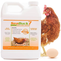 SEABUCK7 bottle on feed showing daily supplement for backyard flocks