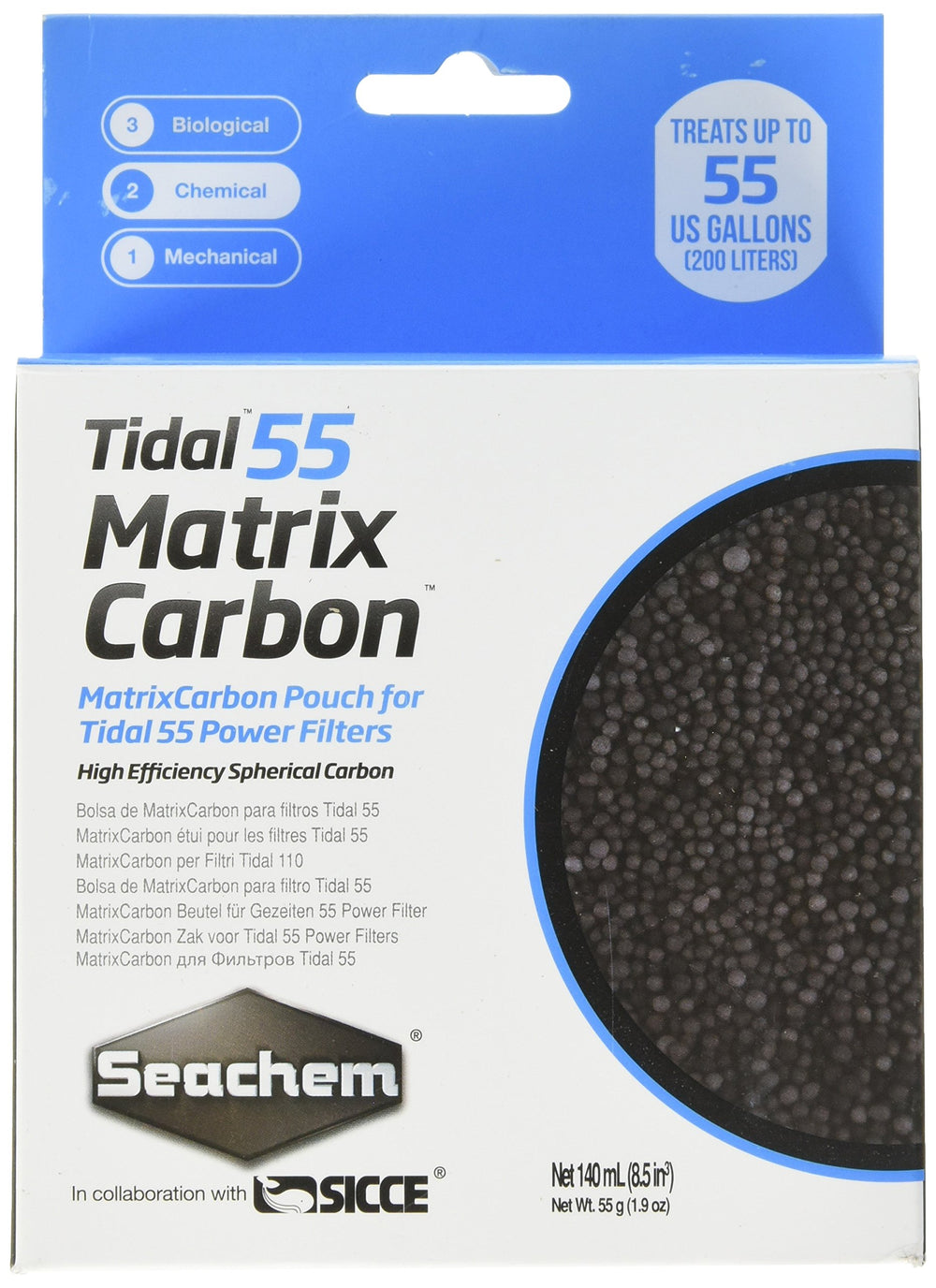 Seachem Matrix Carbon tidal filter close-up shows spherical carbon beads improving water clarity.