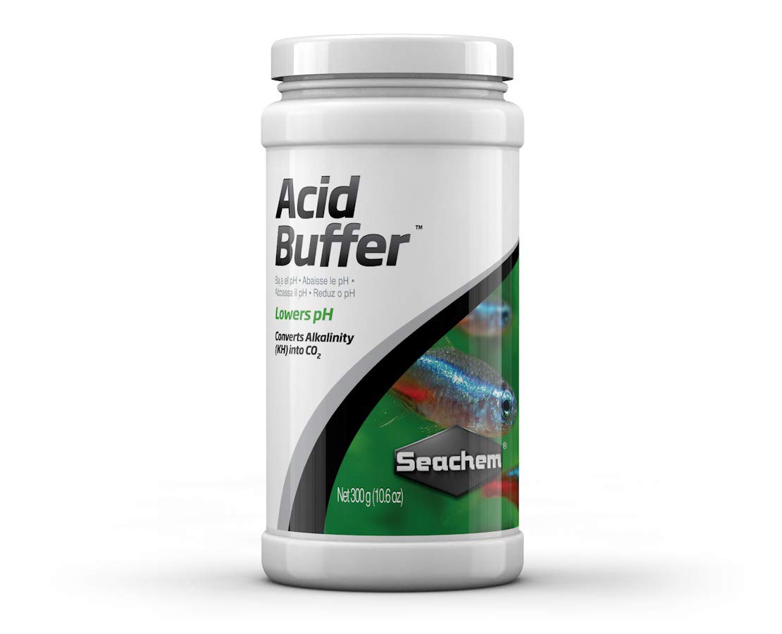 Seachem Acid Buffer bottle close-up promotes stable pH for freshwater tanks.